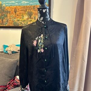 Black Floral Embroidered silk Blouse
